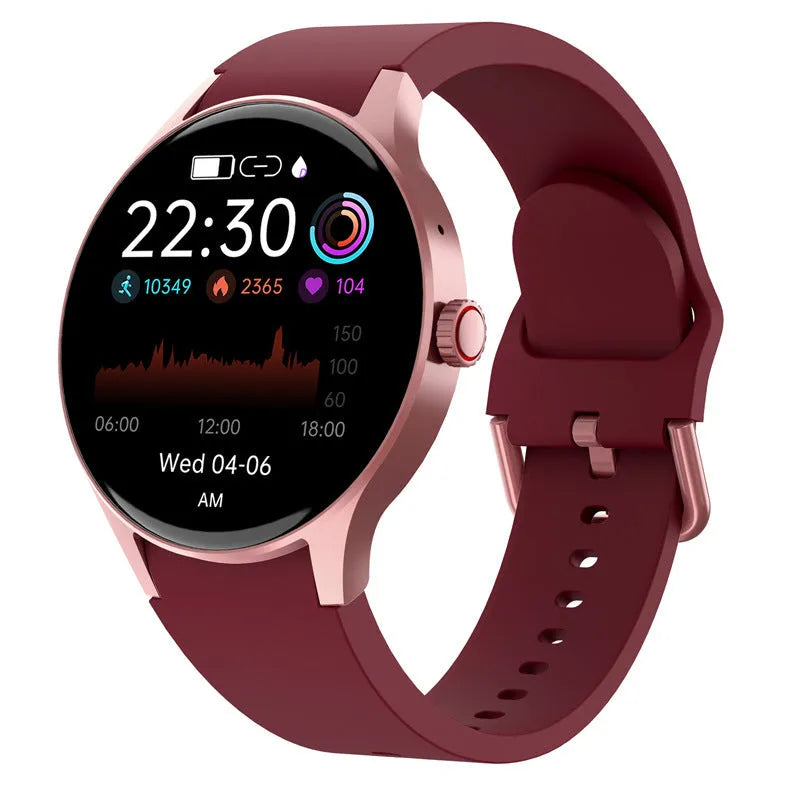 Black smart sport watch with round touch screen on a wrist, showing fitness stats.