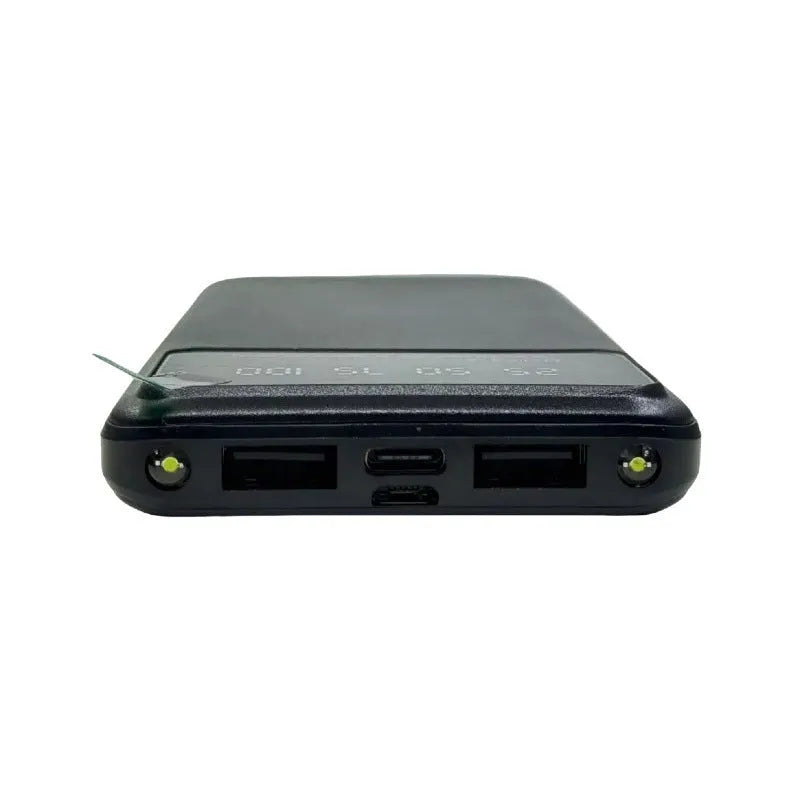 Black ultra-thin portable power bank with 10000mAh capacity showing compact dimensions