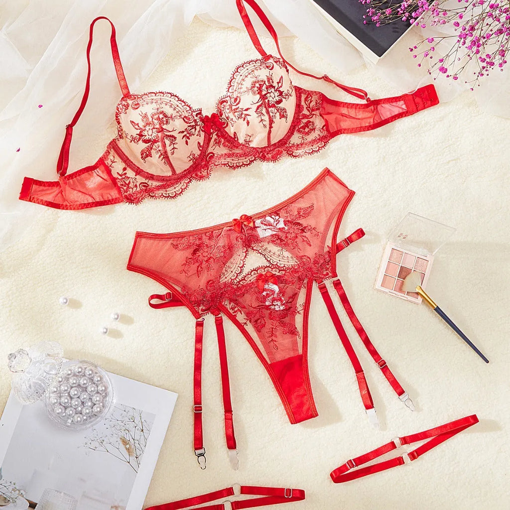 Women's see-through embroidery cutout underwear set with matching garters in blue, black, or red