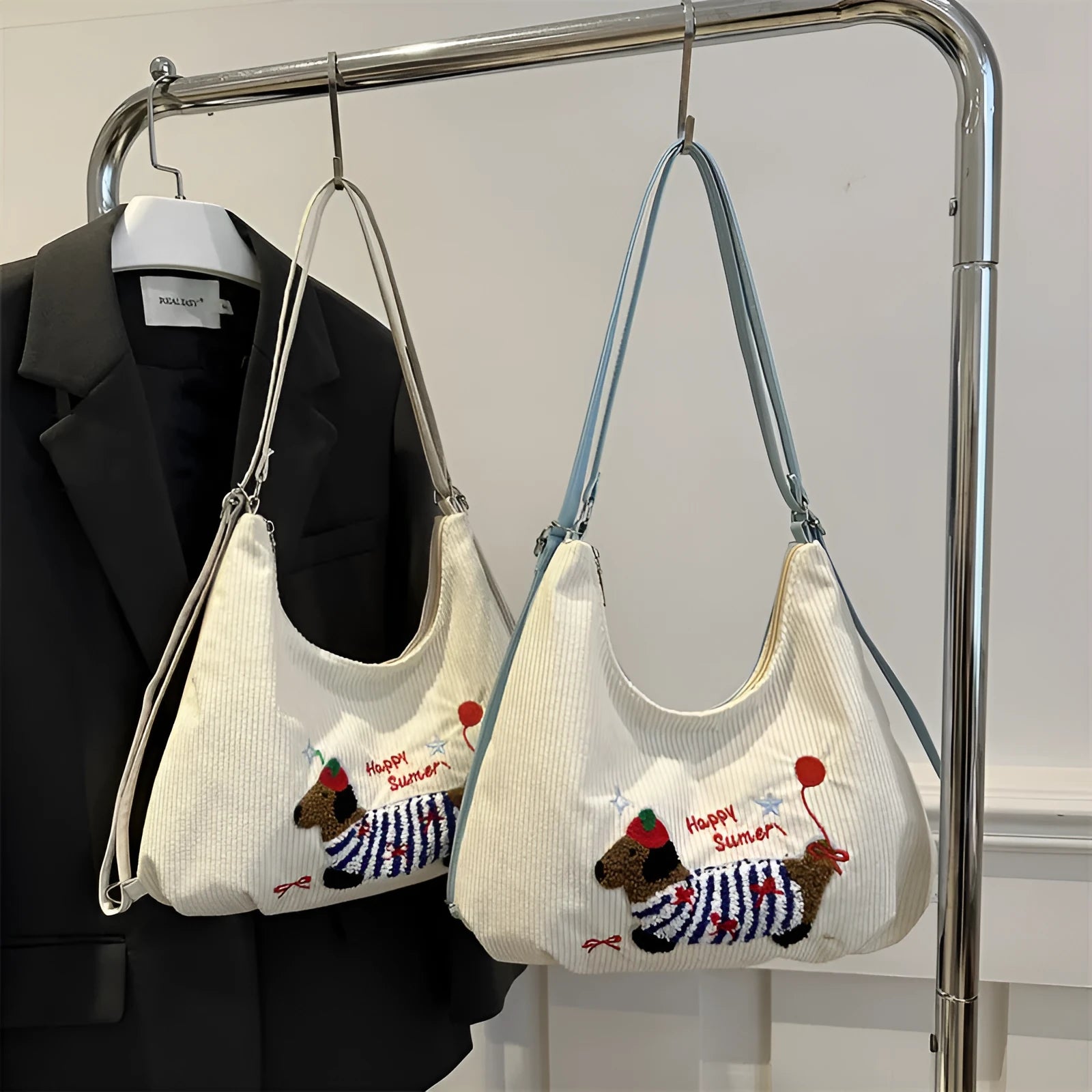 Retro large capacity women's tote bag with double shoulder straps in blue and white colours