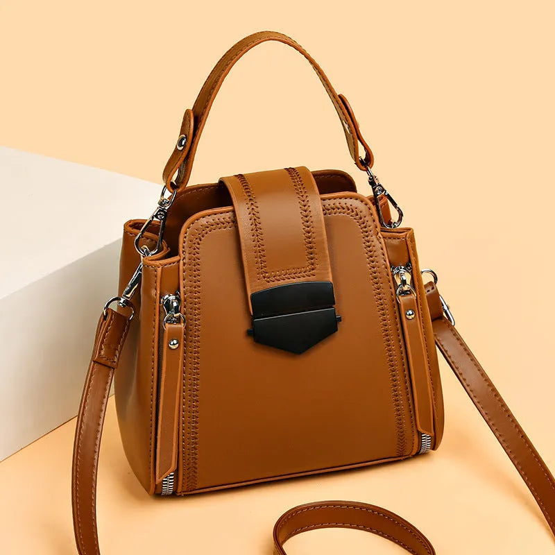 Soft PU leather ladies small handbag with square vertical shape and sewing thread detail