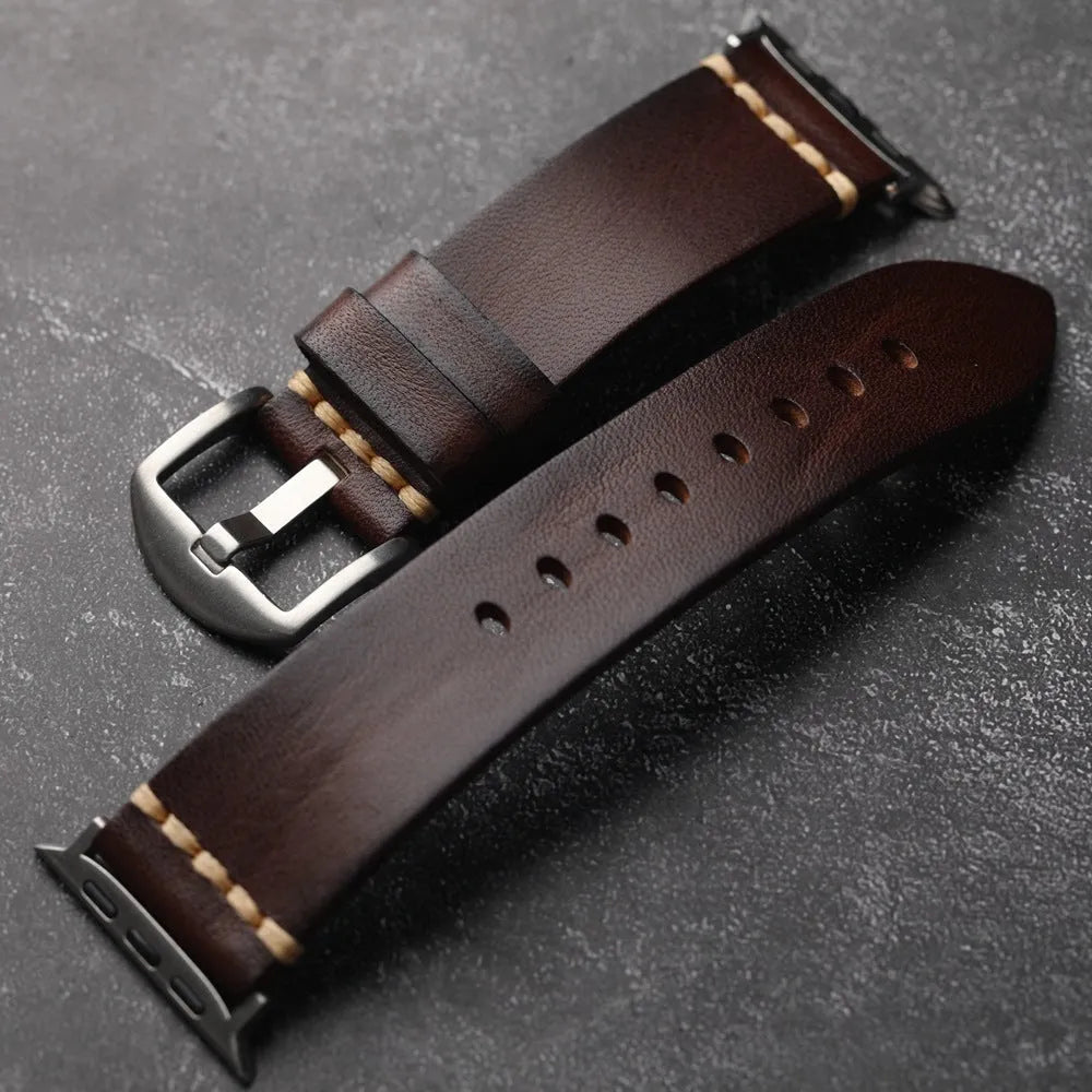 Handmade leather watch strap in brown with a silver stainless steel buckle, 4mm thick ultra first layer cowhide.