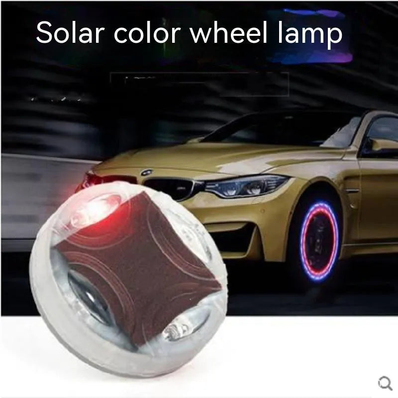 Solar LED car tyre valve light with 4.5 cm diameter and colour adjustable mode on a tyre valve