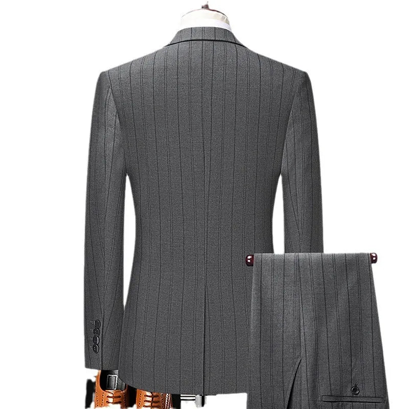 Grey slim-fit men's striped suit set with coat, vest, and trousers on hanger
