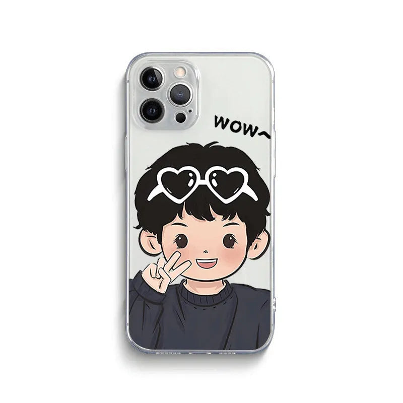 Cute couple cartoon transparent silicone phone case for Apple iPhone with anti-fingerprint coating