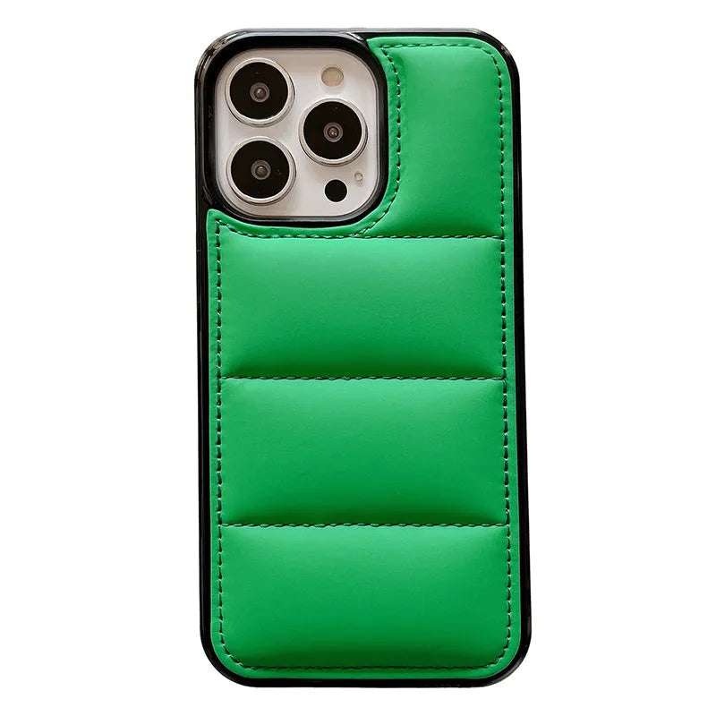 Candy Down Jacket shape phone case for iPhone in black, white, rose red, or green solid colours.