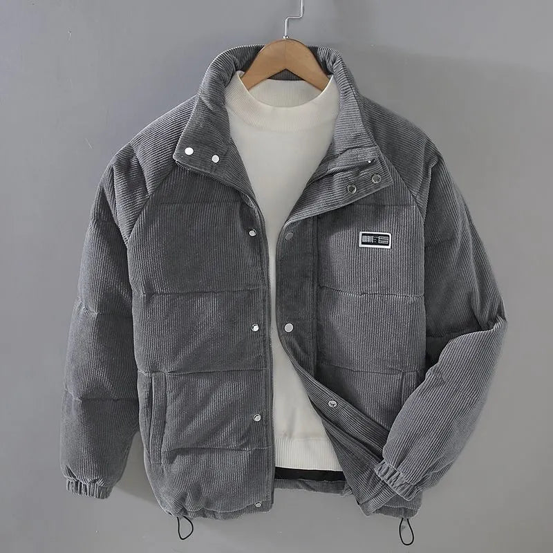 Men's thick corduroy jacket with cotton lining, long sleeves, striped pattern in khaki colour