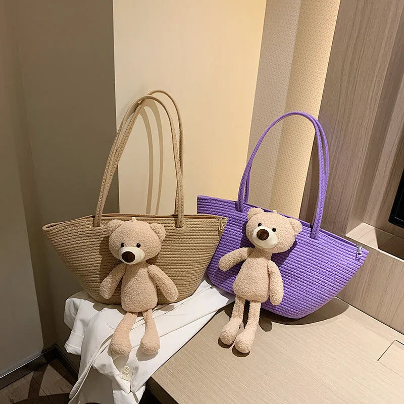 Woven cotton linen dumpling-shaped bag with double shoulder straps in six colour options