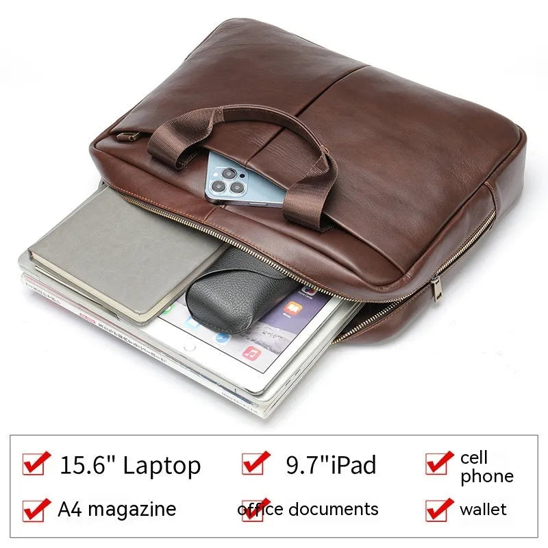 Genuine leather large capacity horizontal briefcase for men in black, first layer cowhide exterior with sewing line detailing