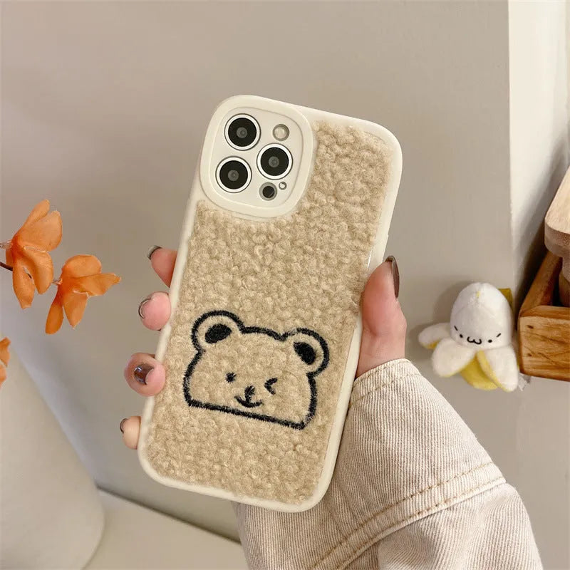 Plush embroidered bear shockproof phone case in light khaki for iPhone