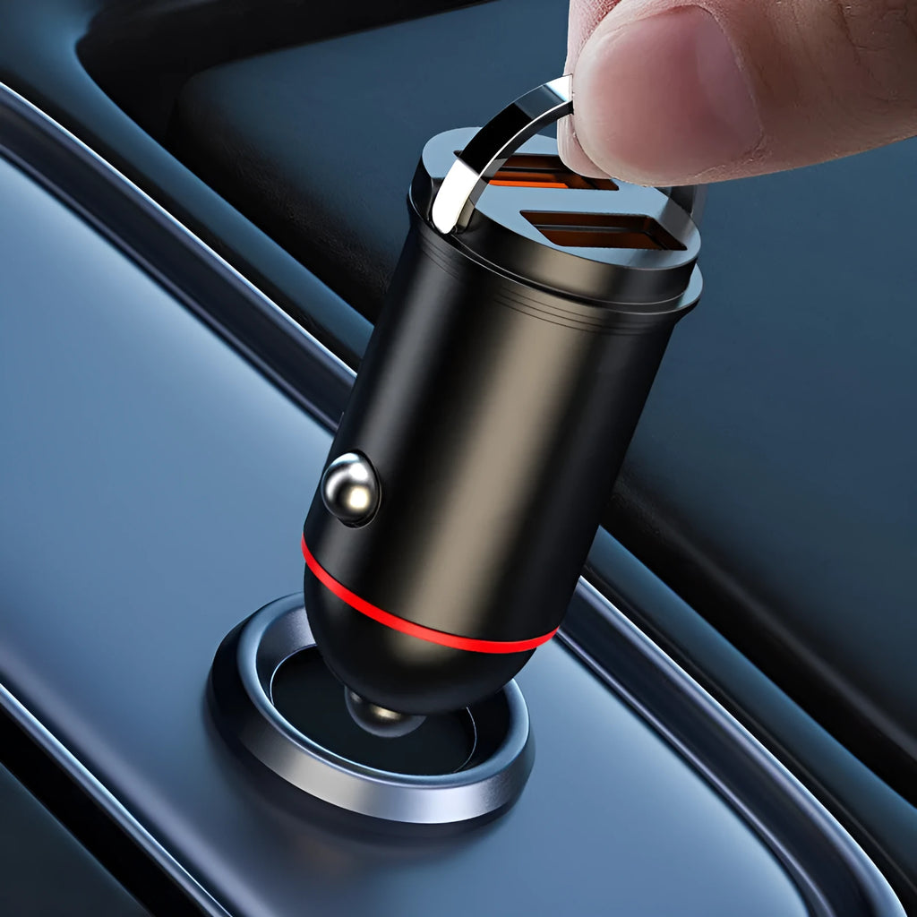 Black car charger with zinc alloy construction showing USB port and 200W fast charging capability