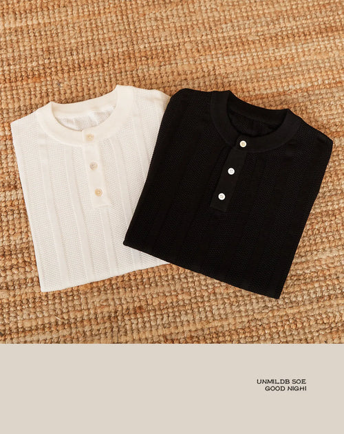 Men's 100% cotton sunken stripe Henry collar short-sleeve T-shirt in creamy-white