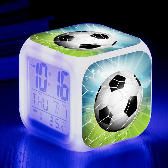 Football pattern square alarm clock with cartoon design and digital display