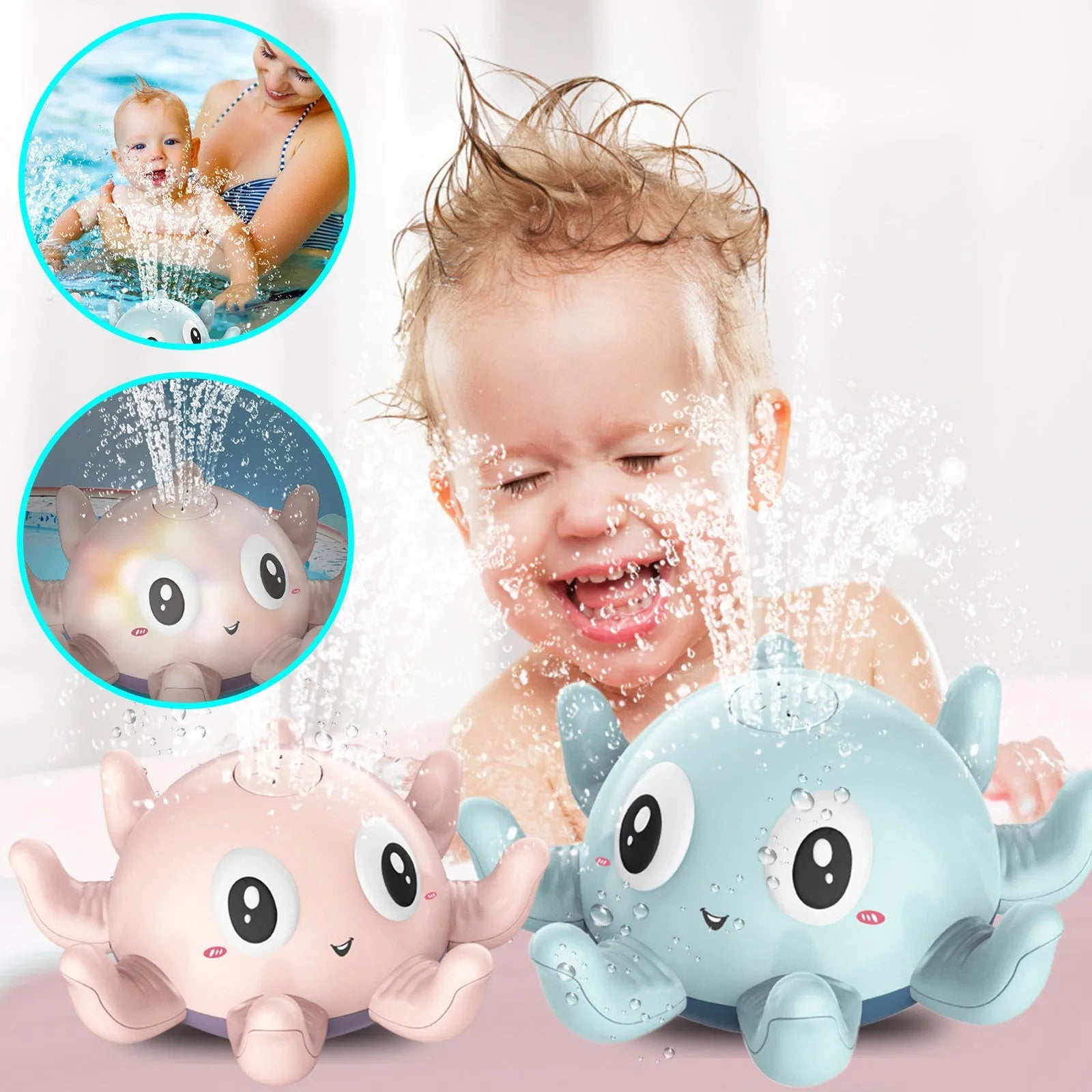 Blue and pink automatic spray octopus bath toy with flashing lights next to its colour box packaging.