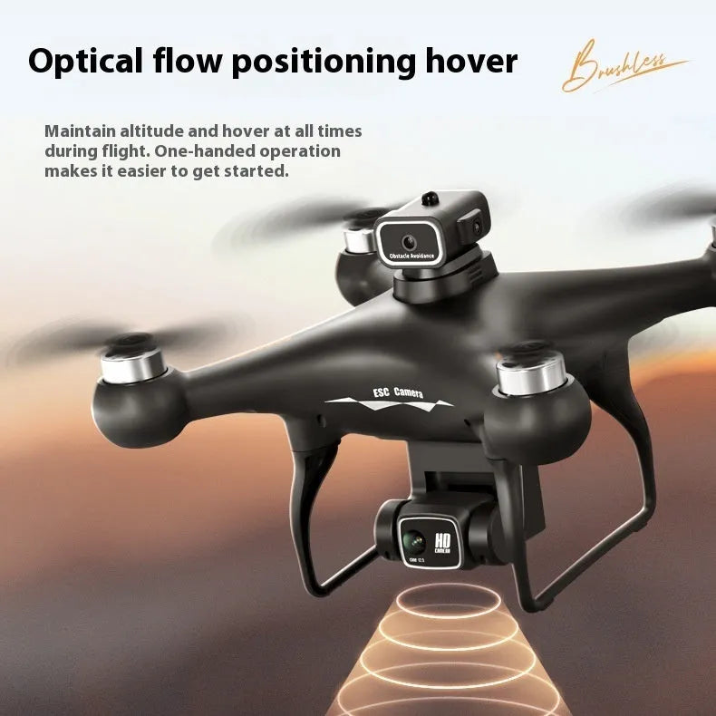 Black HD and White HD coloured brushless UAV drone with four-side obstacle avoidance and dual cameras, showing remote control.