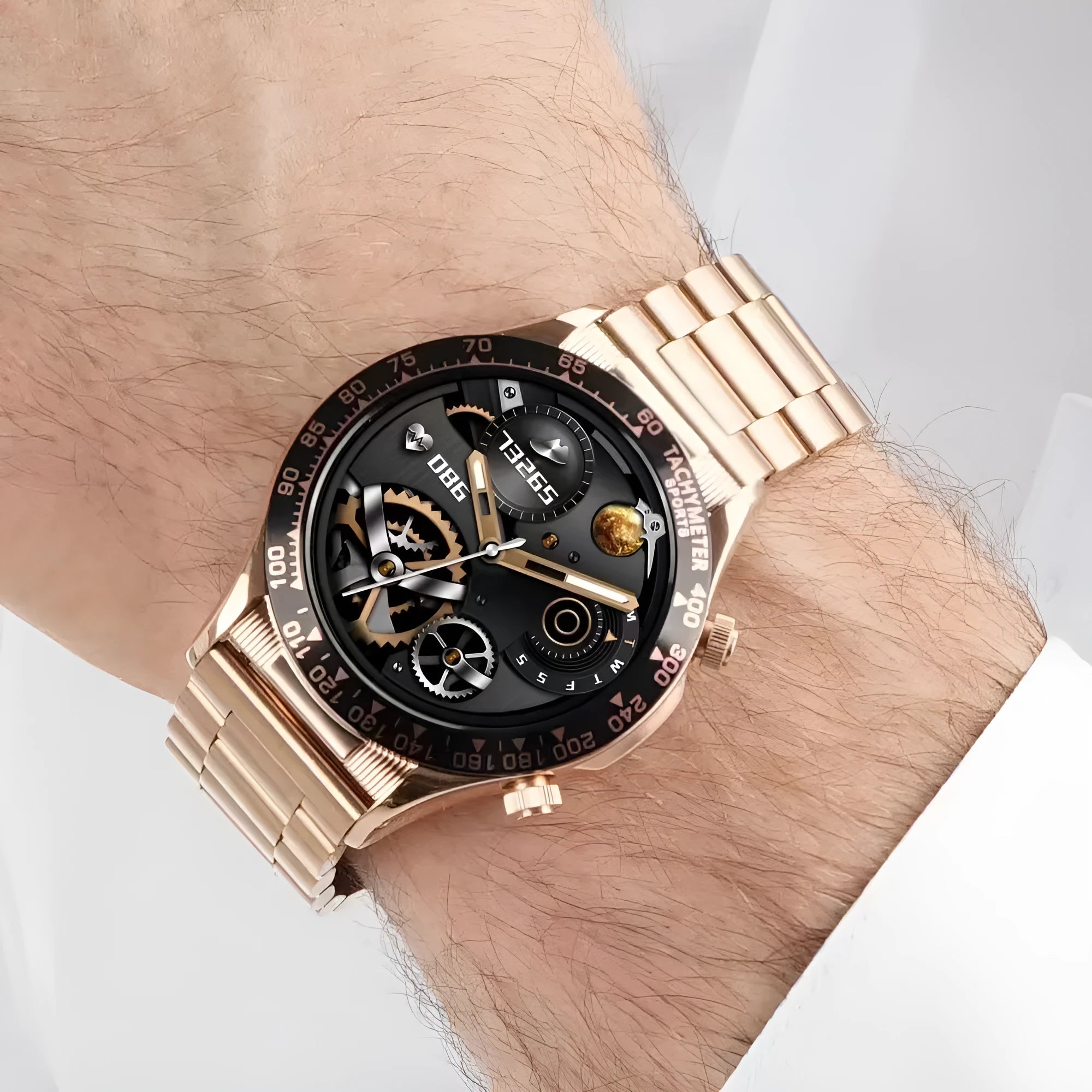 Men's black Bluetooth smart watch with silicone strap showing health stats on its IPS screen.