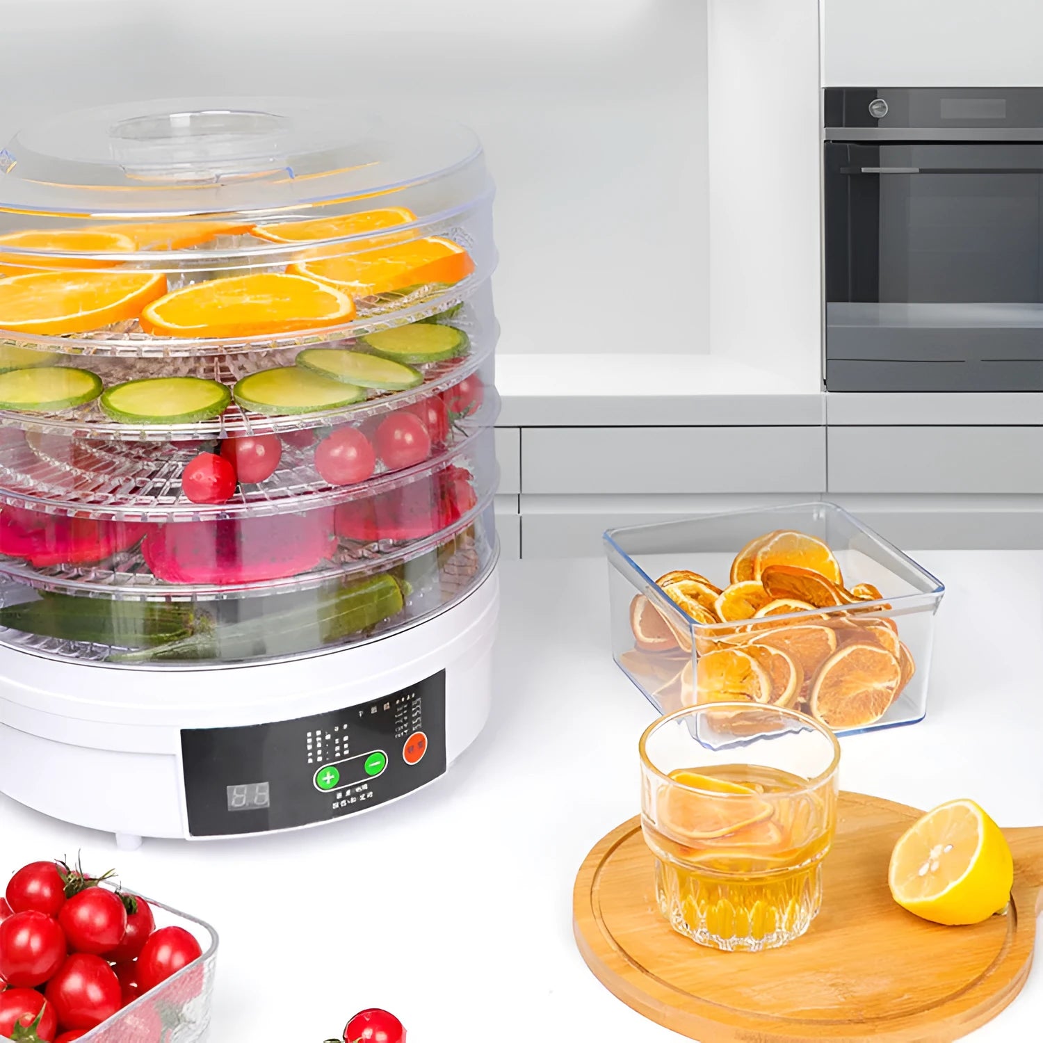 Five-layer stainless steel tray food dehydrator with British plug for home use.