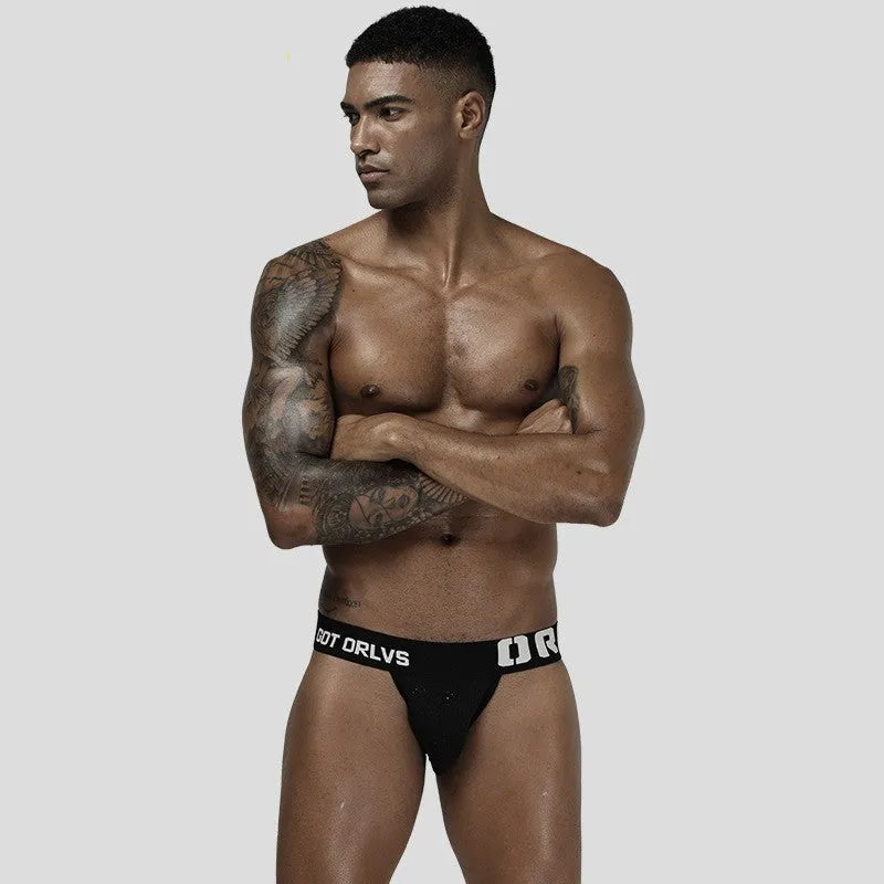 Men's mesh nylon low-waist briefs in blue with hip lifting and shaping function