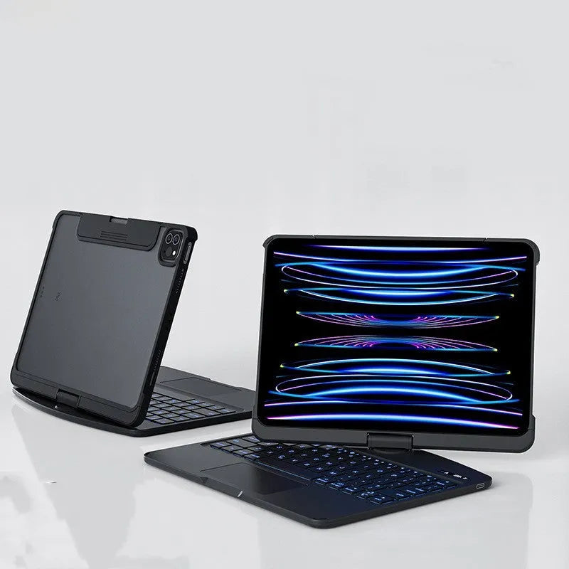 Transparent Bluetooth keyboard case for iPad showing iPad visible through clear protective cover with integrated keyboard