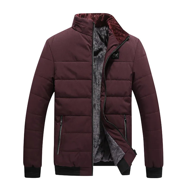 Men's winter coat Korean style fleece-lined cotton-padded jacket with zipper pockets in black, dark blue, and purplish red