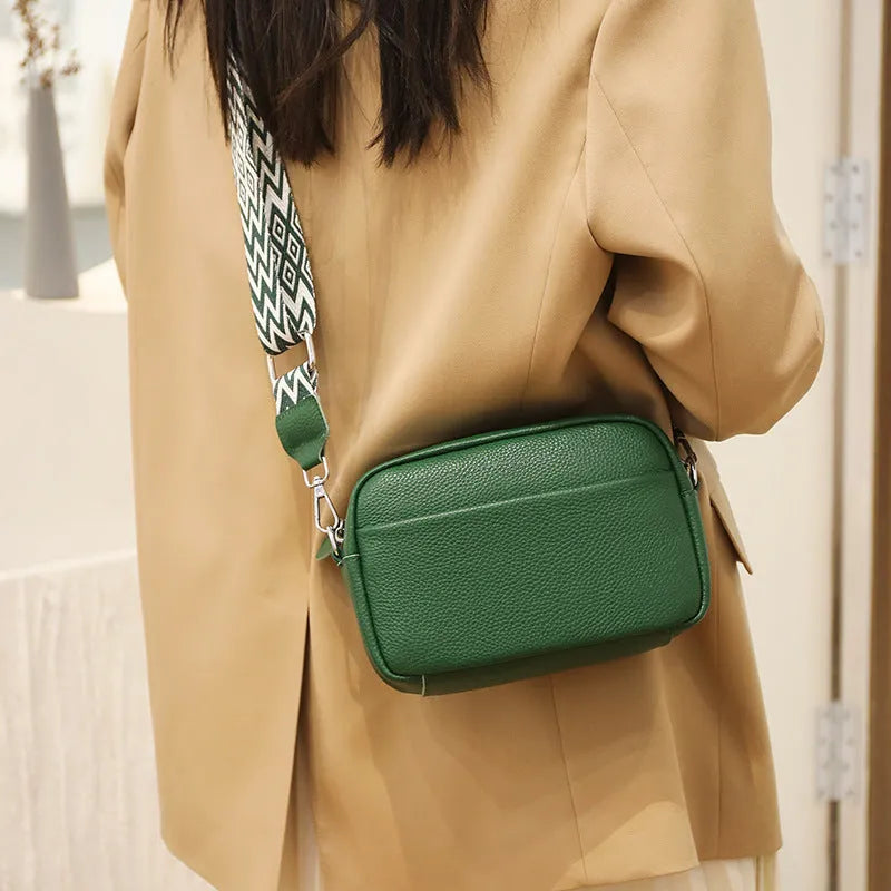 Fashion shoulder crossbody bag with rhombus embroidered wide strap in beige genuine leather for women