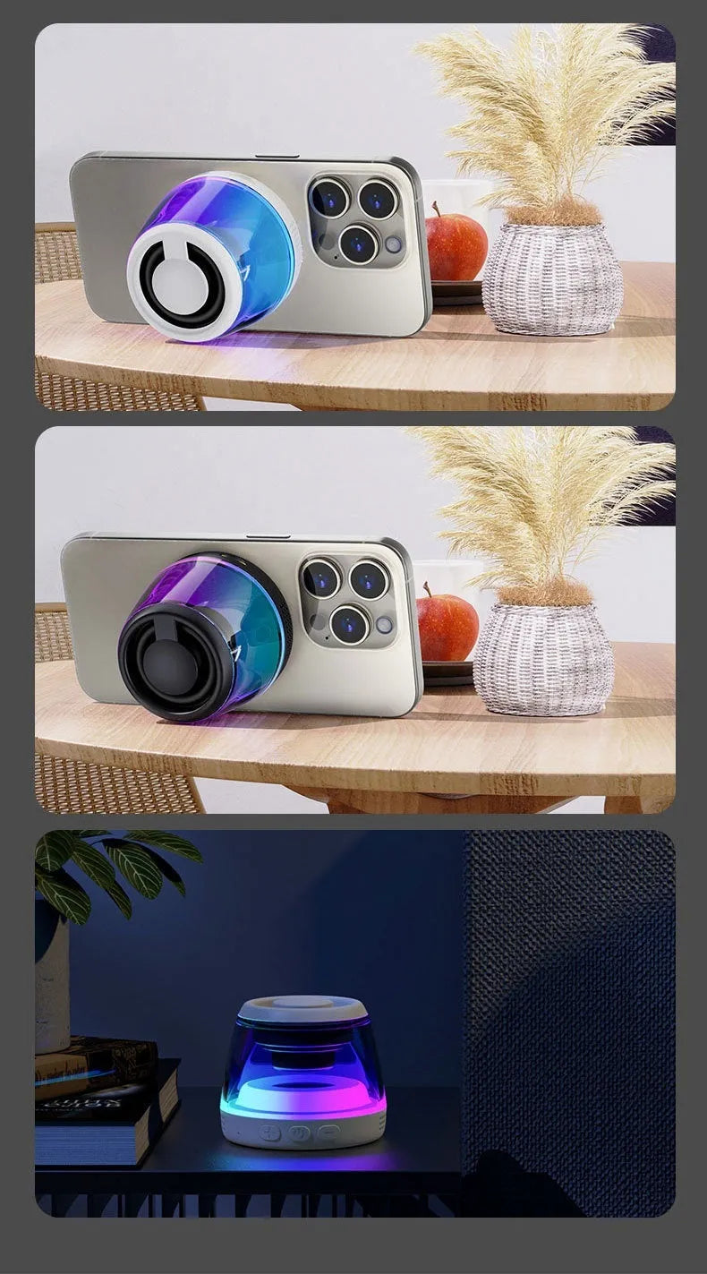 Portable Bluetooth speaker with magnetic base and ambient lighting in black or white