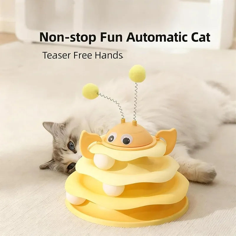3-layer cat toy tower with rotating bee on top, green tracks and base, for kittens and adult cats