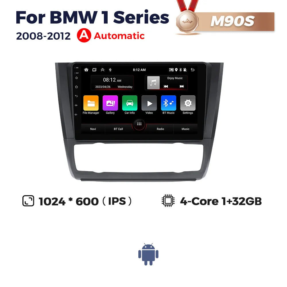 BMW E87 dashboard showing installed 9-inch Android car stereo and navigation touchscreen unit