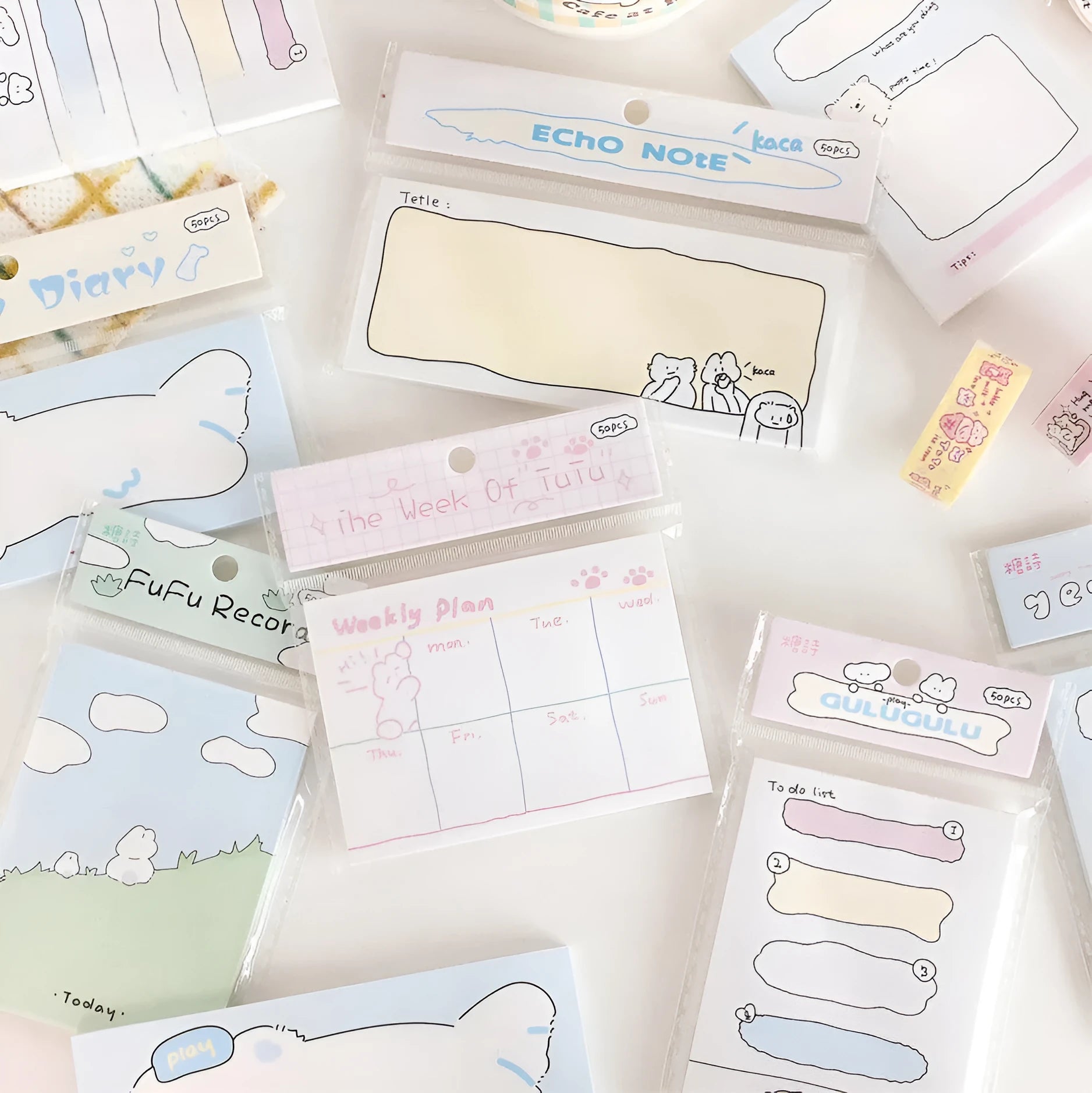 Cartoon sticky note pad with heart-themed designs in six styles including Puppy Diary and Rabbit Weekly Notes.