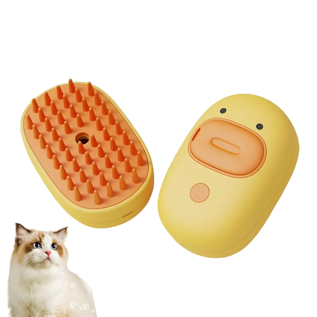 White and yellow pet steam brush with rubber comb teeth and water tank for cats and dogs