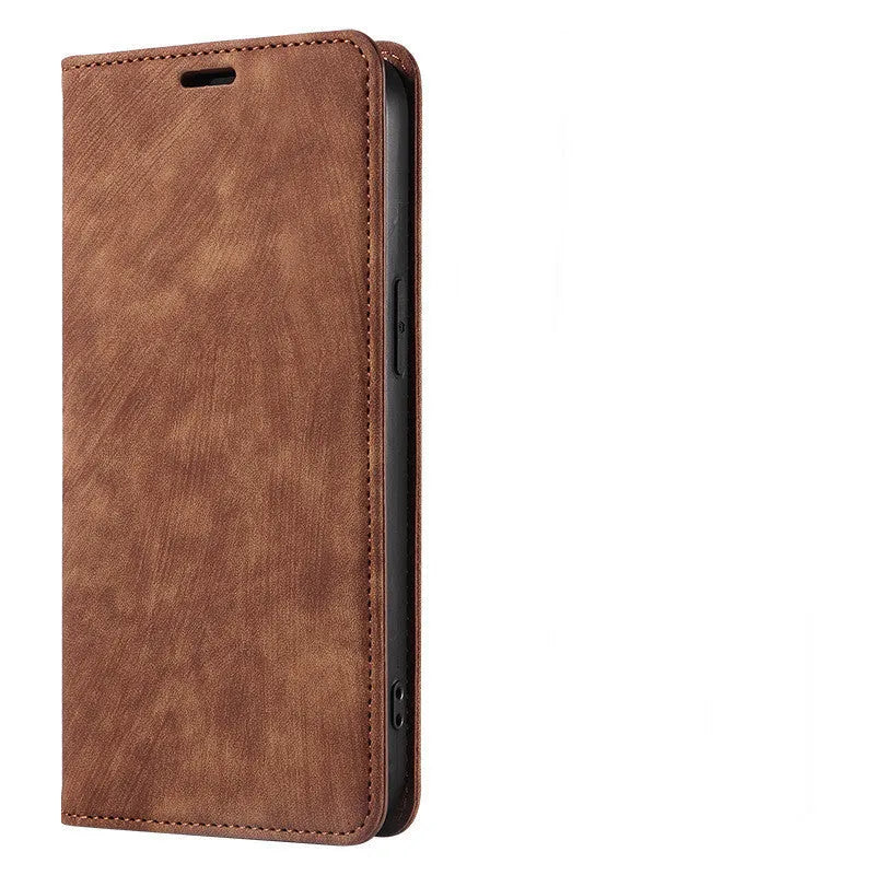 Magnetic flip phone case in grey showing closed magnetic flap and inner card slot for iPhone.