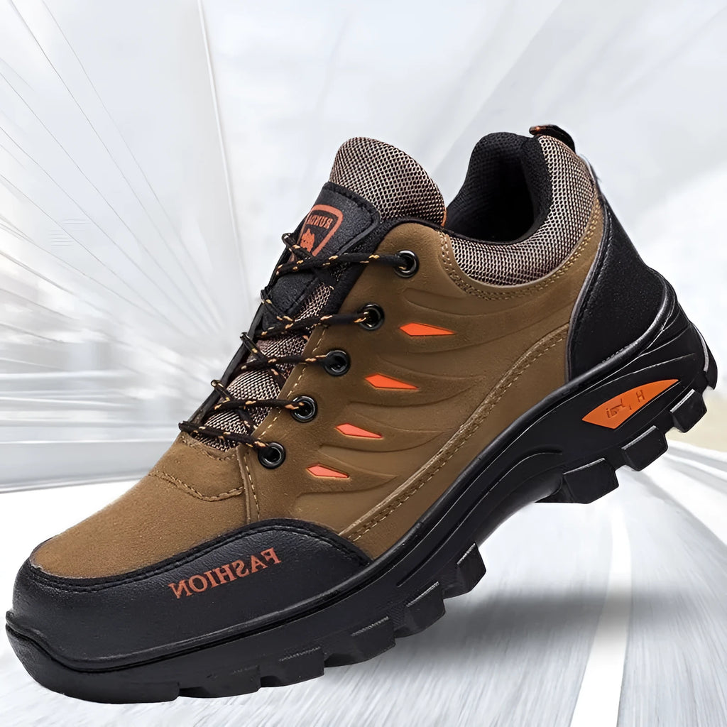 Men's suede hiking shoes with rubber sole in green colour showing mid-top design and lace-up closure