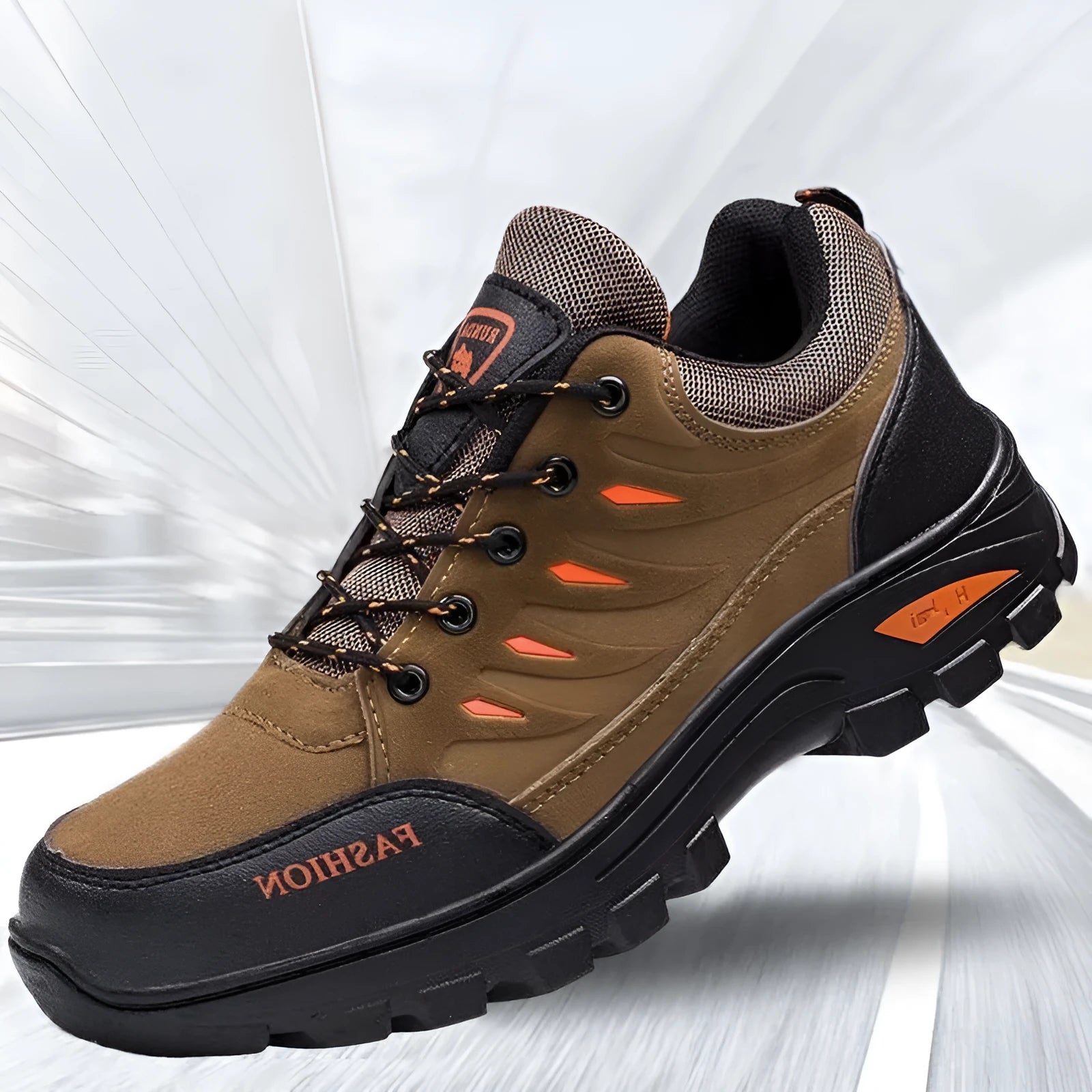 Men's suede hiking shoes with rubber sole in green colour showing mid-top design and lace-up closure