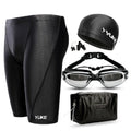 Men's black 5-piece swimming set showing swimming trunks, goggles, cap, ear plugs with nose clip, and carrying bag