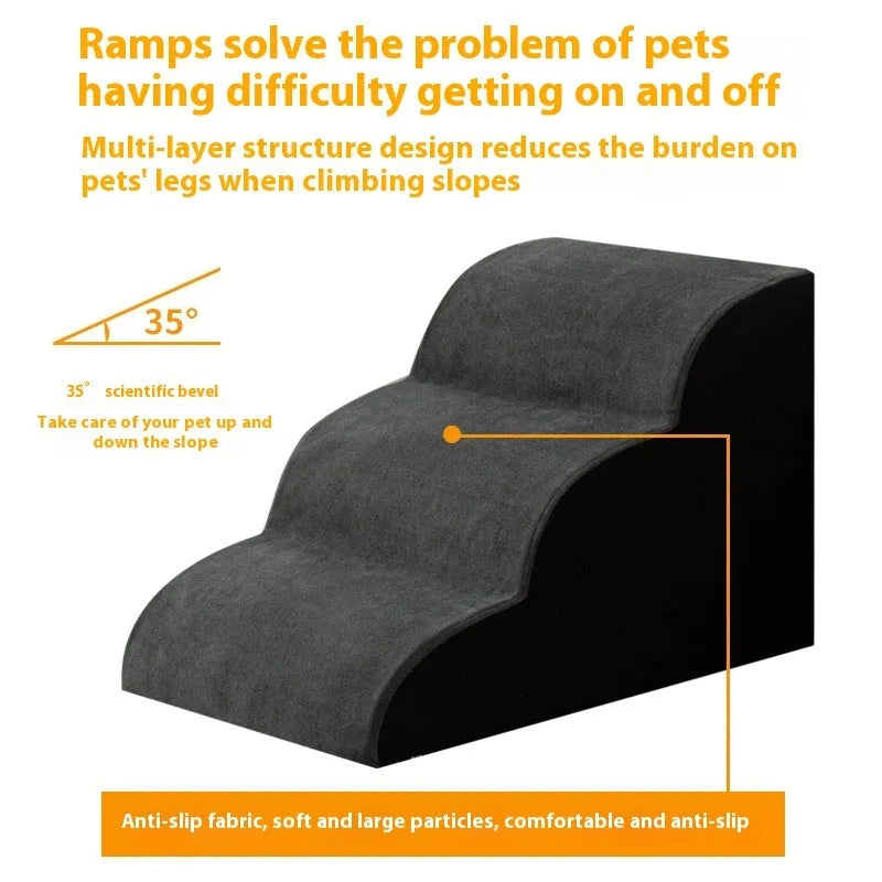 Wooden pet stairs with a removable washable cover for dogs, shown in brown, creamy white, or dark grey.