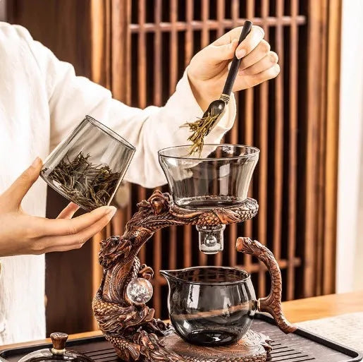 Dragon Year lazy glass automatic tea set in green gray walnut with bowl, base, and fair cup