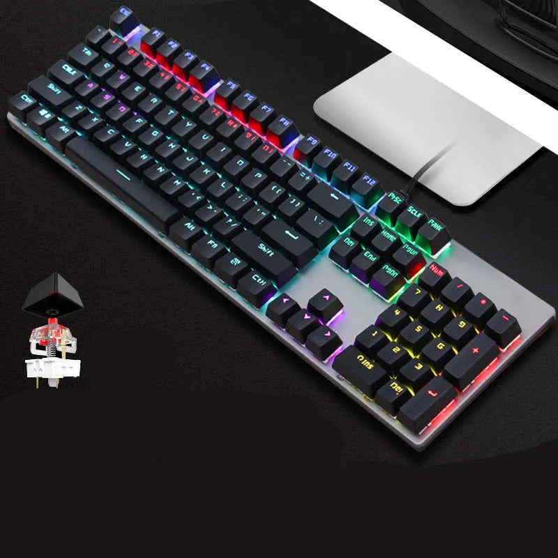 AOC GK410 wired mechanical keyboard with green switches and backlit keys on a desktop.