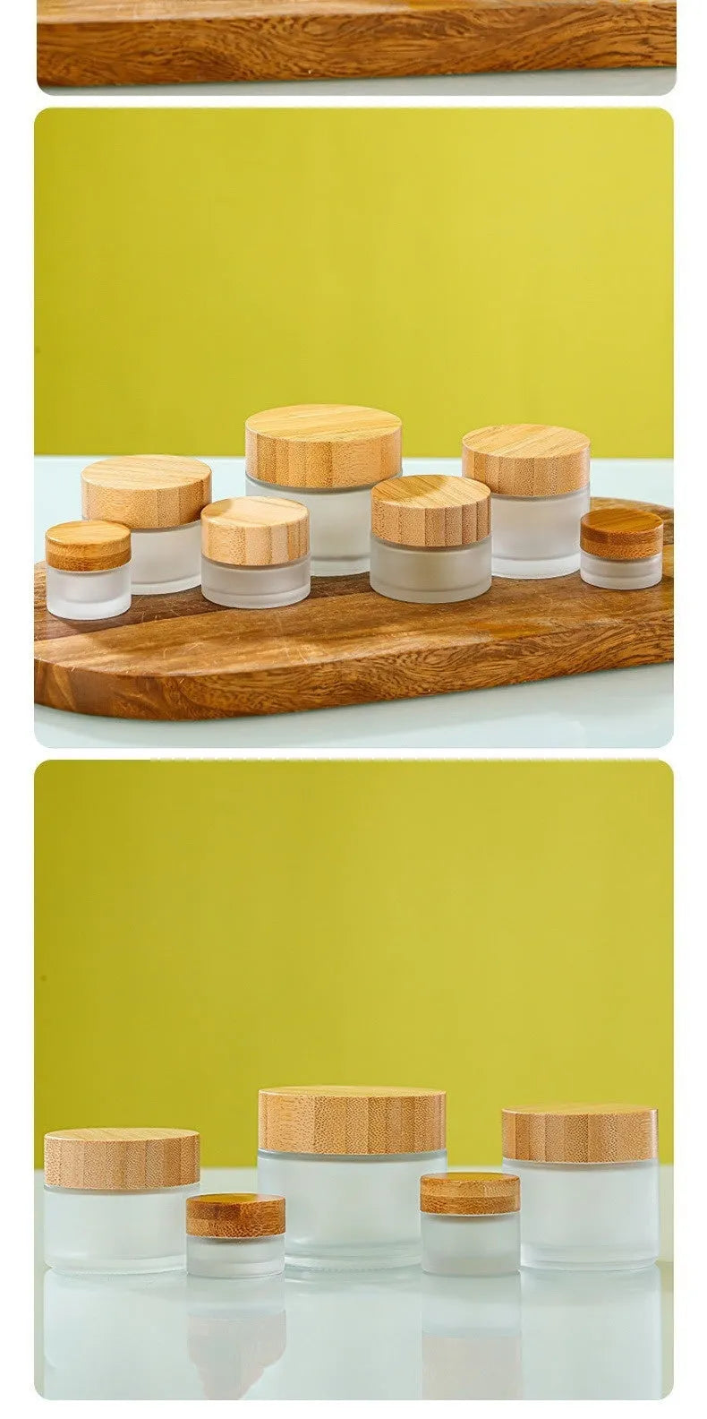 Refillable glass cream jar with bamboo wood lid, transparent finish, 100g capacity