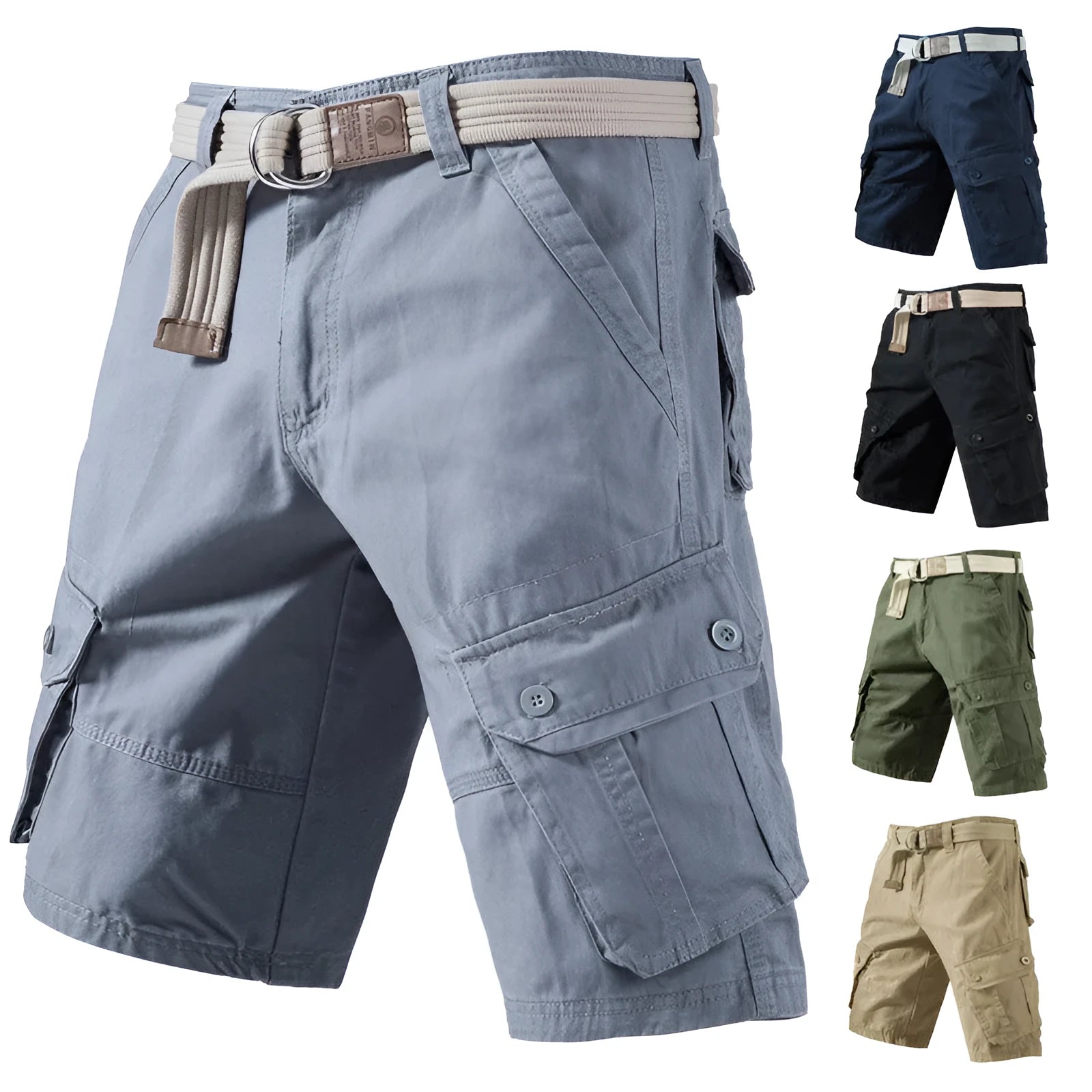 Loose-fit solid colour cargo shorts for summer with multiple pockets.
