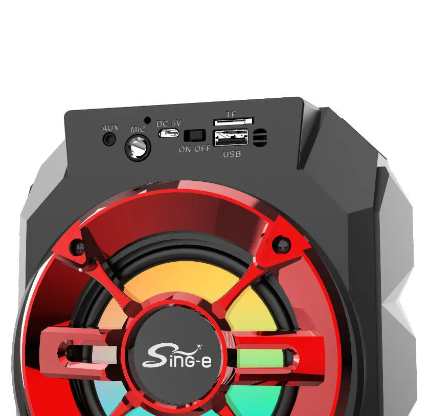 Portable Bluetooth speaker with colourful LED lights in blue, red, or silver grey with push-pull rod design