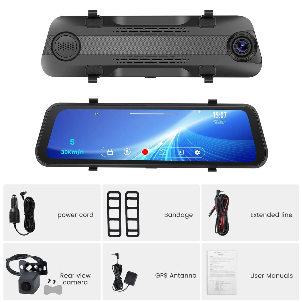 Streaming media rearview mirror with 9.66 inch touch screen displaying dual camera view