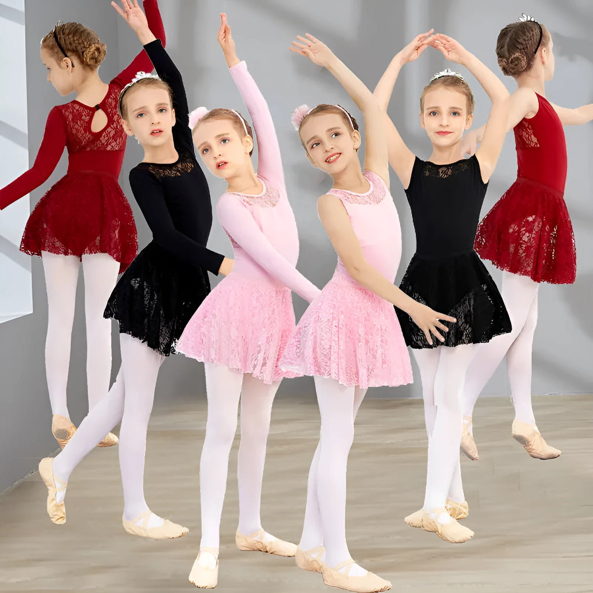 Girls ballet dancewear short sleeve Lycra cotton practice outfit with lace mesh in black pink or wine red