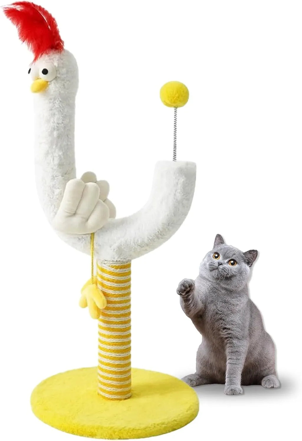 Yellow vertical sisal cat scratching post with U-shaped design and spring ball.