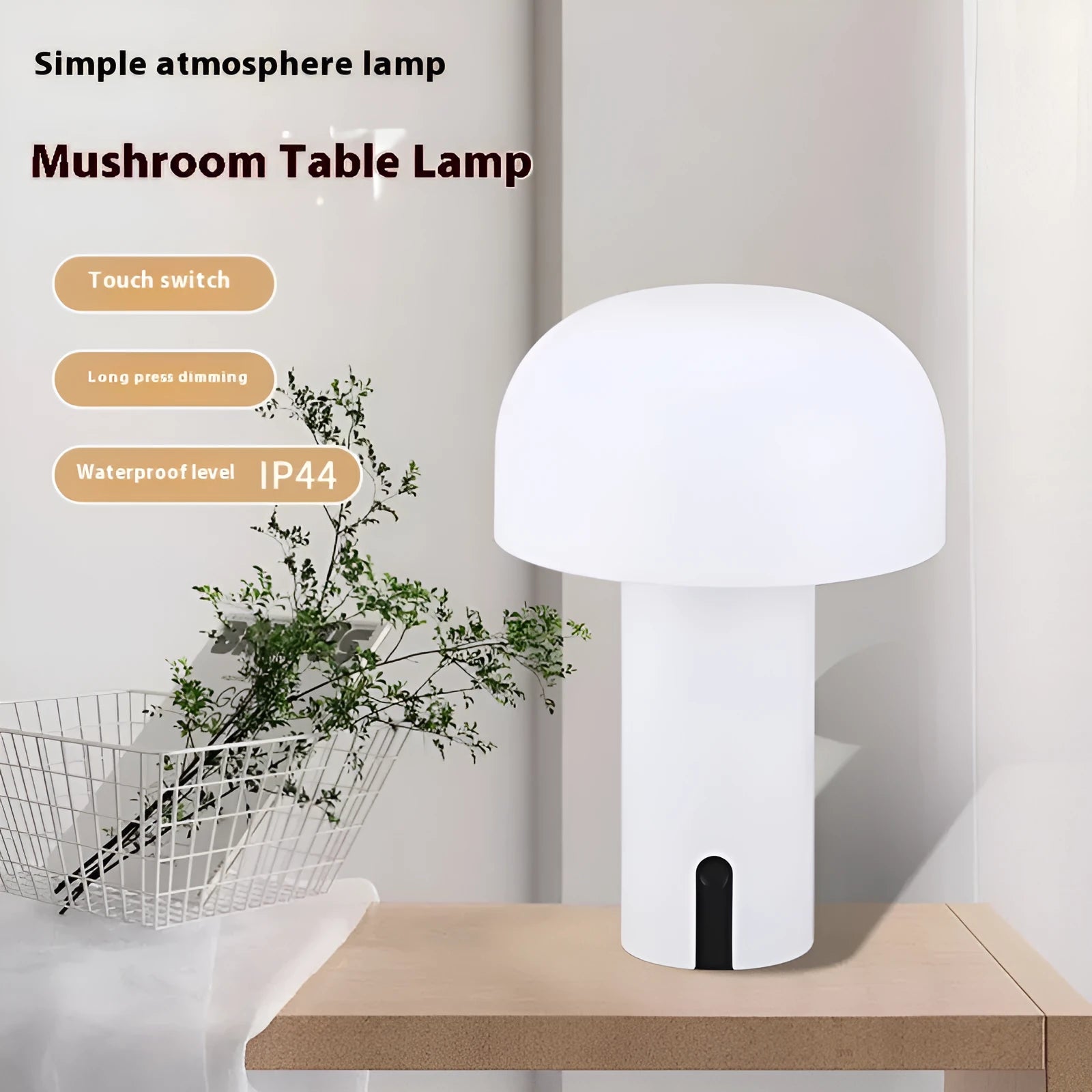 Decorative LED mushroom touch table lamp in warm white, 150x220mm, rechargeable bedside night light
