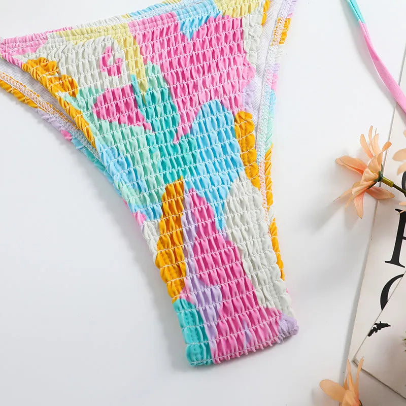 Women's multicolour floral printed triangle bikini with smocking detail and brief bottoms