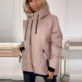 Women's casual hooded coat in black or pink, showing long sleeves and relaxed fit.