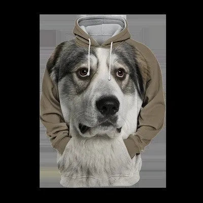 Men's 3D digital print dog hoodie in air-layer polyester – loose fit pullover with hood and long sleeves