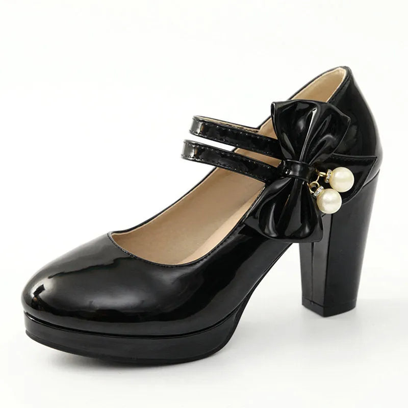 Women's waterproof platform shoes with chunky heels in red colour with round toe and buckle closure