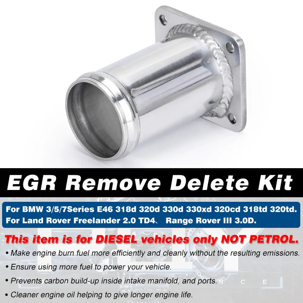 BMW E46 diesel EGR delete kit showing black removal pipe, blanking plates, bolts, and vacuum plug.