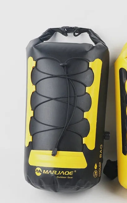 Yellow and black 20-litre waterproof PVC backpack for camping with dry-wet separation compartment.